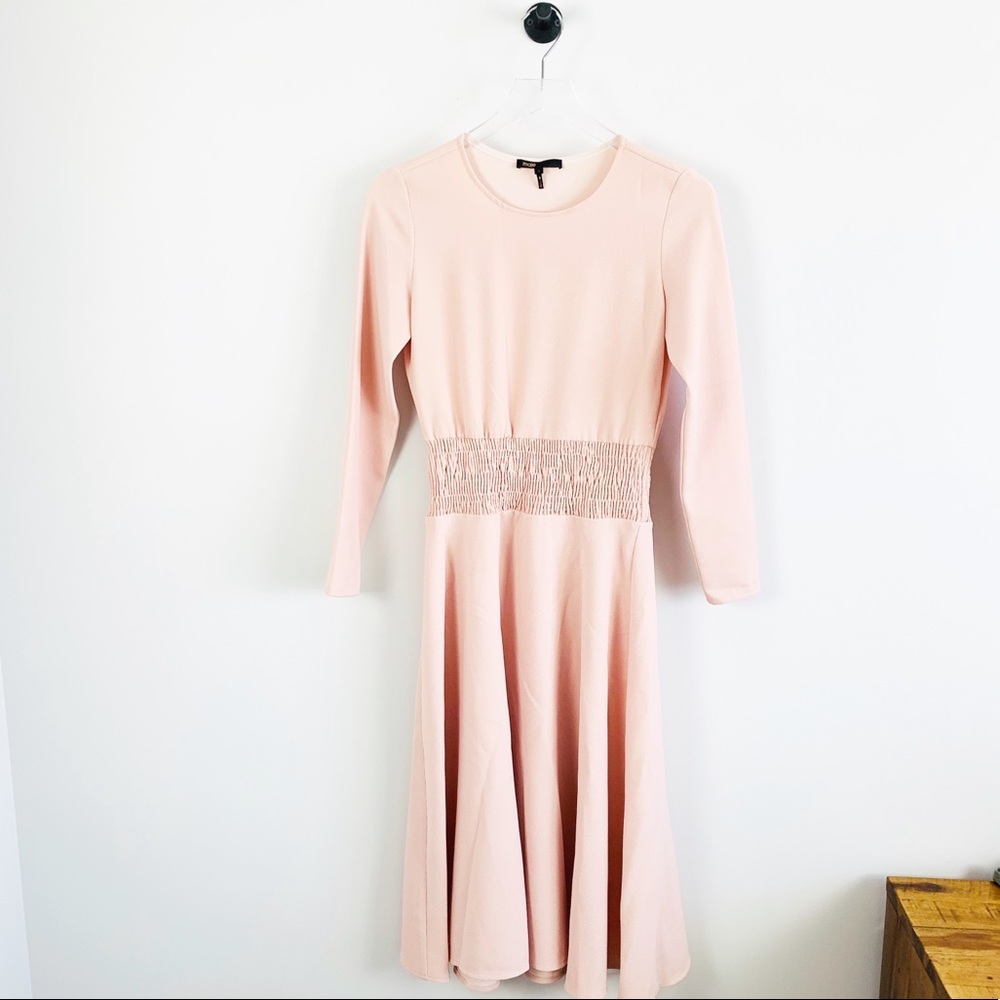 Maje Rumbana blush pink Smocked crepe a line dress - Picture 3 of 13